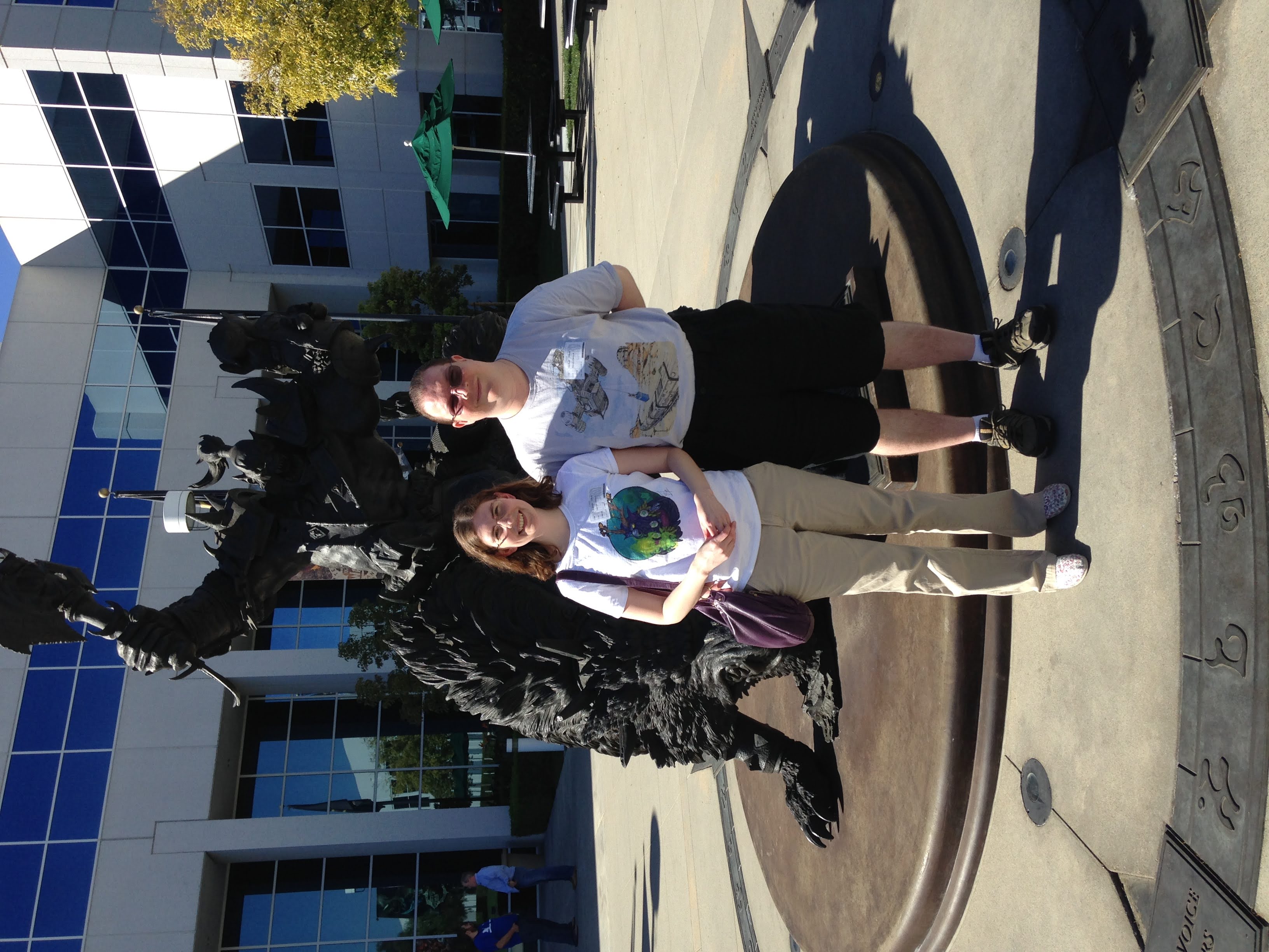 My wife and I in front of the Thrall statue
